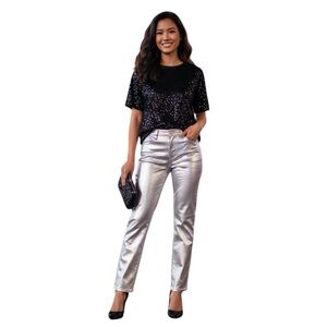7 For All Mankind Silver Metallic Coated Straight Leg Pants Futuristic Medium